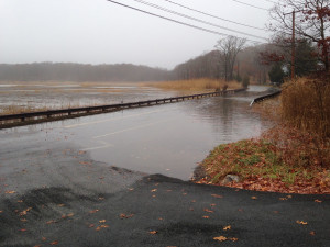 November 2014 nor'easter storm surge floods Jarvis Creek marsh and Leetes Island Road
